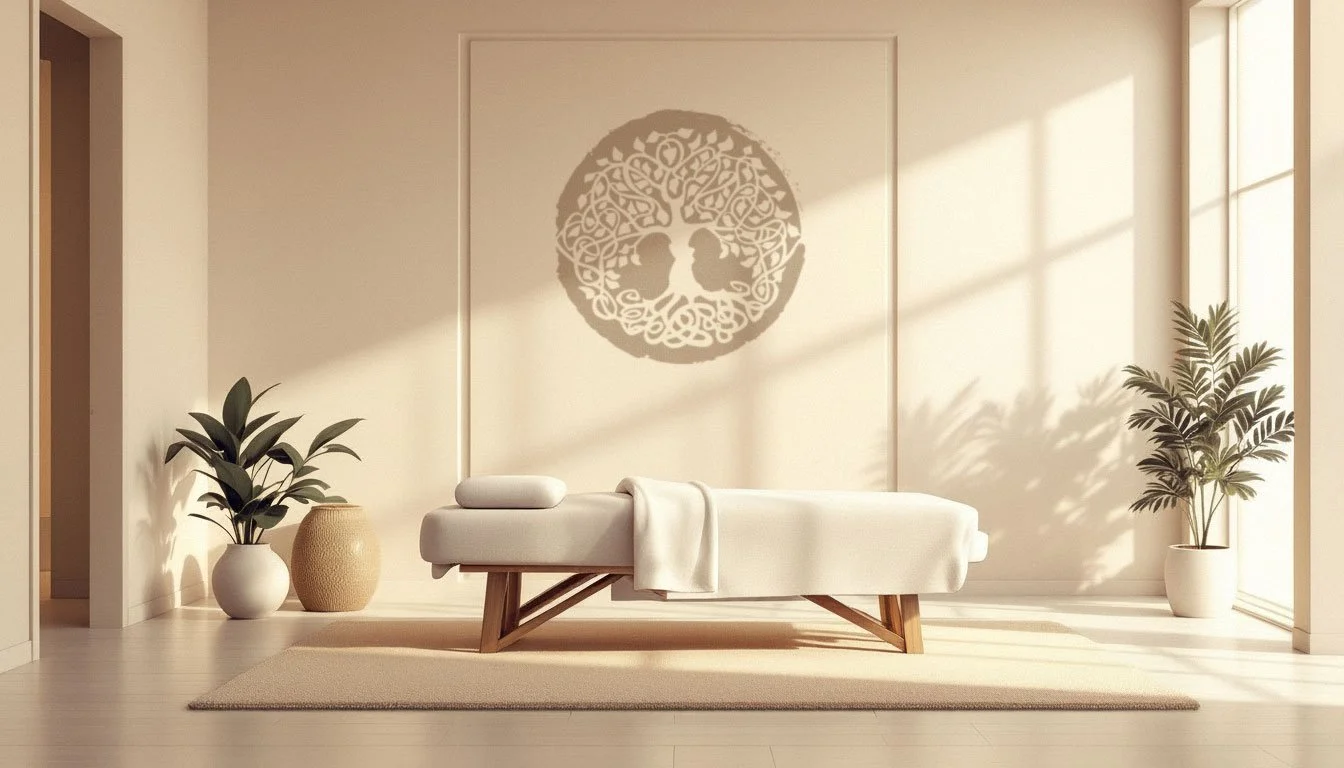 Full view of the Dallas massage room, with the Tree of Life artwork, massage table, plants, door frame, and window